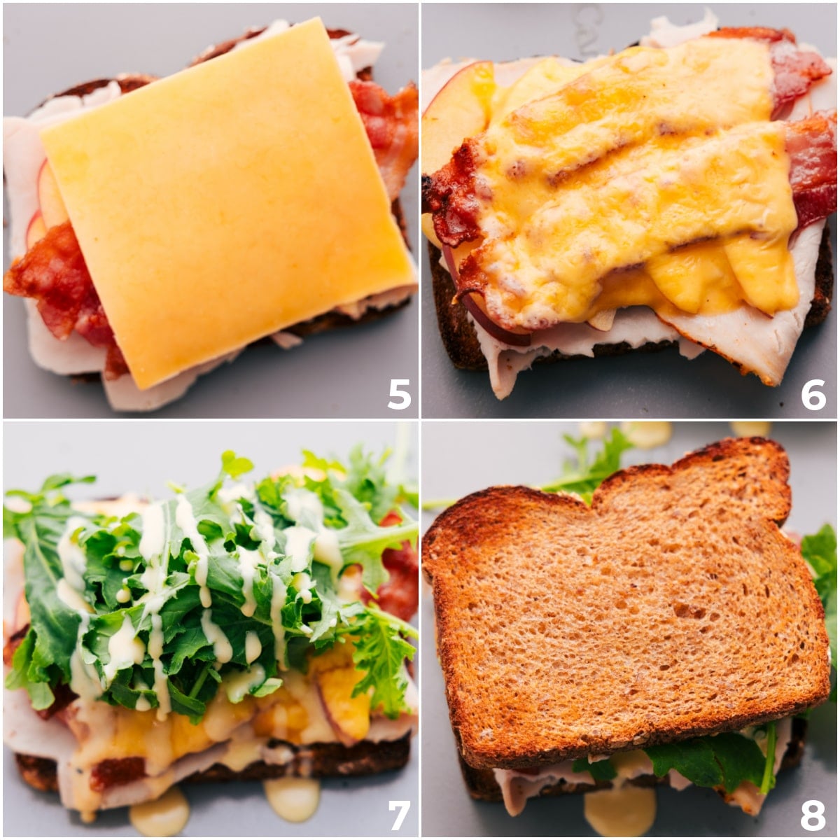 Broiling The Turkey Sandwich And Topping With Dressing Place the cheese on top and broil everything. Then, add the greens and drizzle the dressing over it.