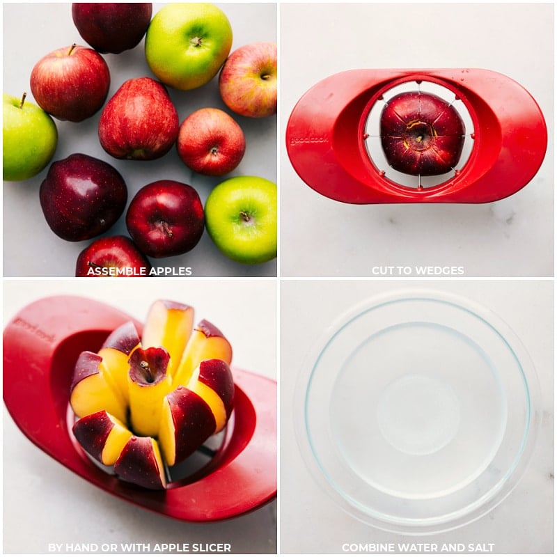 Get into the Fall spirit with our easy-peasy Caramel Apple Bar guide. Whether it's a relaxed autumn night, a party, shower, or just 'cause you feel like it, this dessert station is a hit every single time! Recipe via chelseasmessyapron #dessert #best #quick #easy #simple #treat #familyfriendly #babyshower #weddingshower #fall #fallrecipes #falltreats #caramel #apple #bar #caramelapplebar Process shots-- images of the apples being prepped