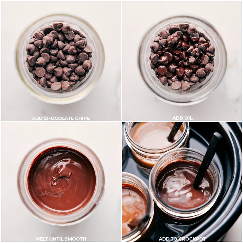 An easy-peasy Caramel Apple Bar guide. We've got the best dips, favorite toppings, and a sneaky trick to keep those apples looking fresh and crisp all evening long! Whether it's a relaxed autumn night, a party, shower, or just 'cause you feel like it, this dessert station is a hit every single time! Recipe via chelseasmessyapron #dessert #best #quick #easy #simple #treat #familyfriendly #babyshower #weddingshower #fall #fallrecipes #falltreats #caramel #apple #bar #caramelapplebar Process shots-- images of the dips being melted and added to the crockpot