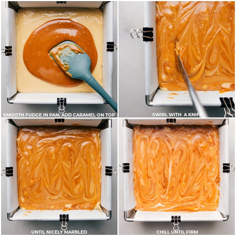 Caramel Apple Fudge combines smooth white chocolate, a hint of apple cider flavor, and creamy caramel. It's an easy recipe, with no candy thermometer required! Recipe via ChelseasMessyApron.com #appleciderfudge #fudge #apples #candy #fall #halloween #creamy Process shots: smooth the fudge in the pan and add caramel on top; swirl with a knife until marbled; chill until firm