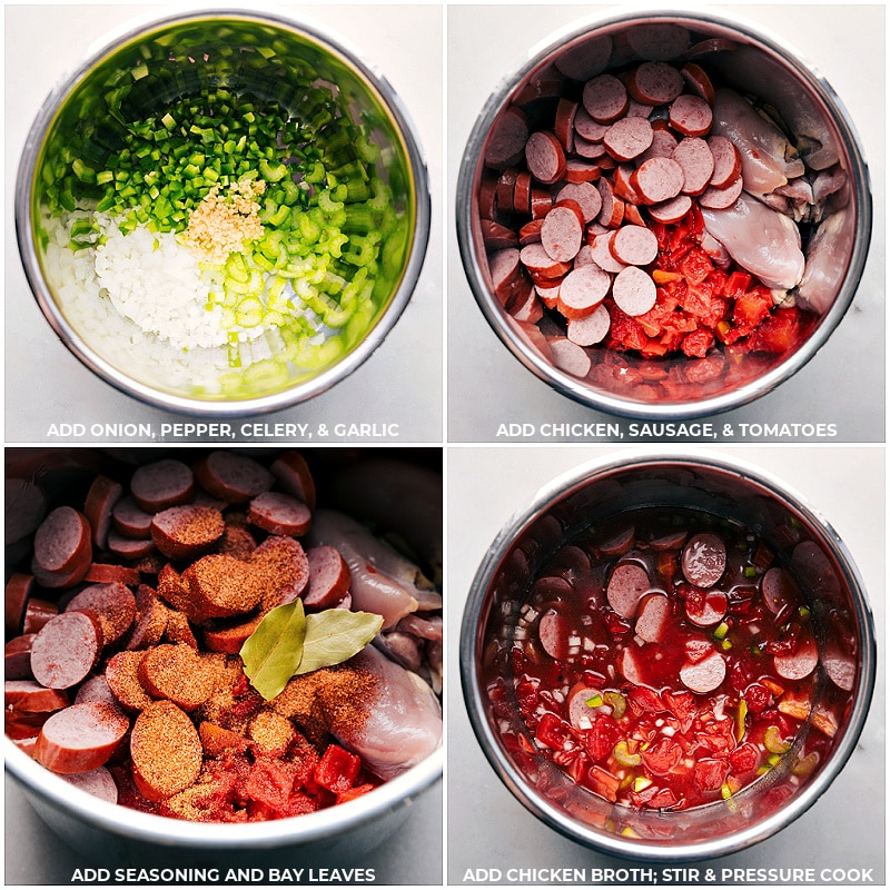 Instant Pot Chicken, Sausage, and Rice โ pure comfort food in a bowl! Recipe via chelseasmessyapron #dinner #quick #easy #simple #familyfriendly #kidfriendly #instantpot #chicken #sausage #rice Process shots of Instant Pot Chicken, Sausage, and Rice-- images of onion, pepper, celery, chicken, sausage, tomatoes, seasonings, and chicken broth being added to the instant pot