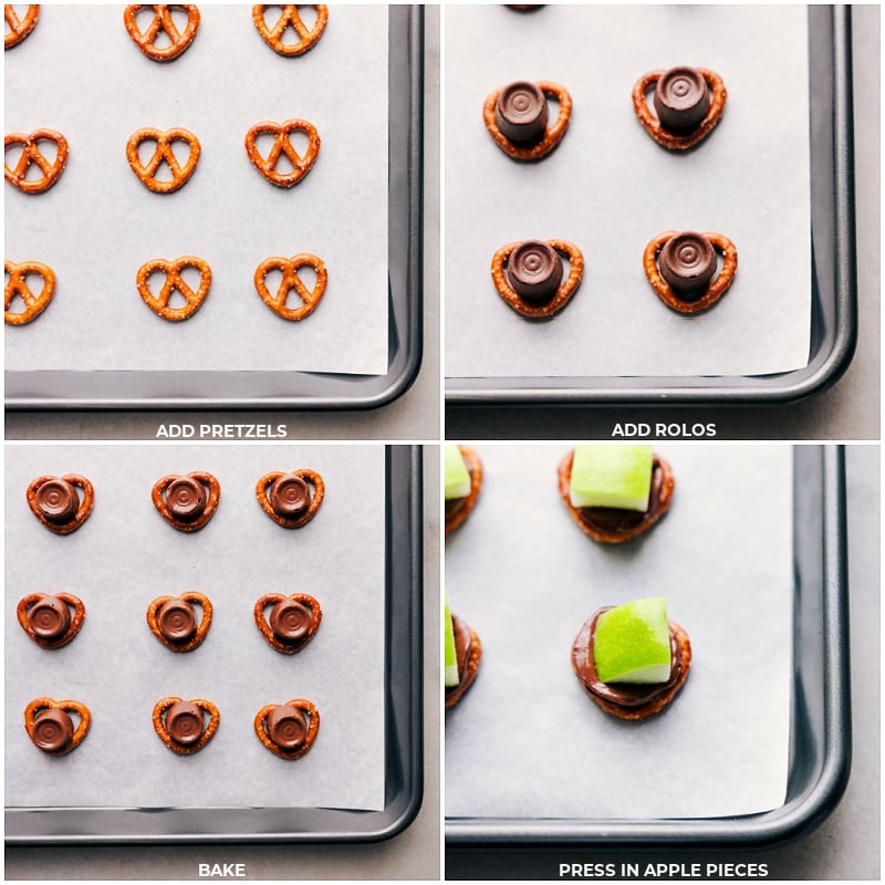 How To Make Caramel Apple Bites Place the pretzels on a sheet pan, and set the Rolos on top of them. Bake until melted, then top with a fresh apple slice to make these caramel apple bites.
