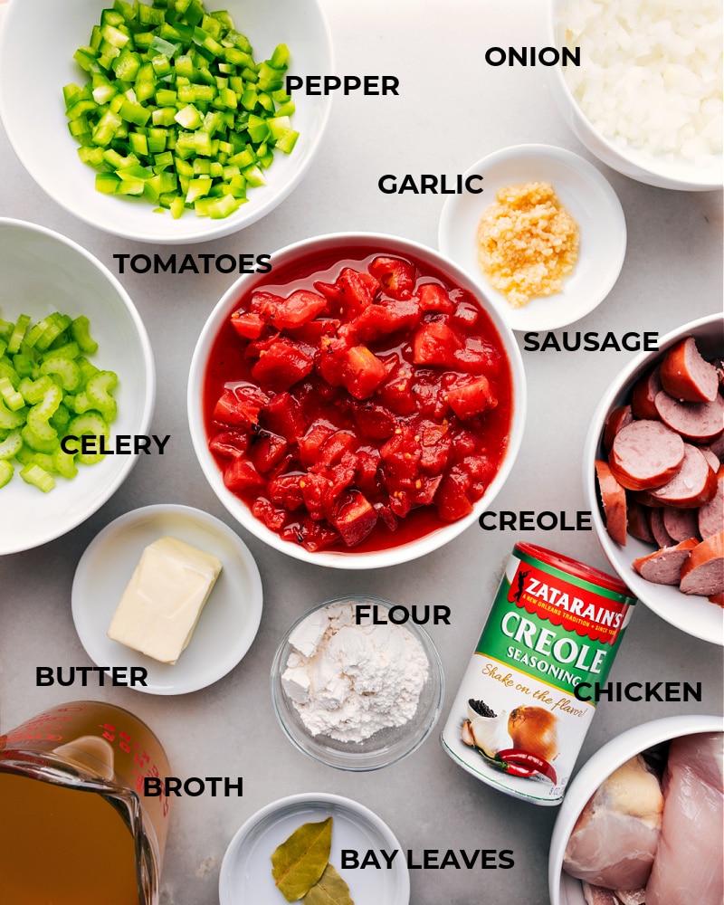 Instant Pot Chicken, Sausage, and Rice is a flavorful dish with smoky sausage, tender chicken, fire-roasted tomatoes, and fluffy rice! Recipe via chelseasmessyapron #dinner #quick #easy #simple #familyfriendly #kidfriendly #instantpot #chicken #sausage #rice Ingredient shot-- image of all the ingredients used in this dish