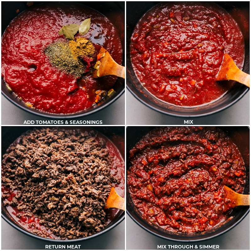 Adding meat sauce to simmering Ttomato blend Tomato sauce and seasoning simmering in a pot, followed by the addition of meat sauce.