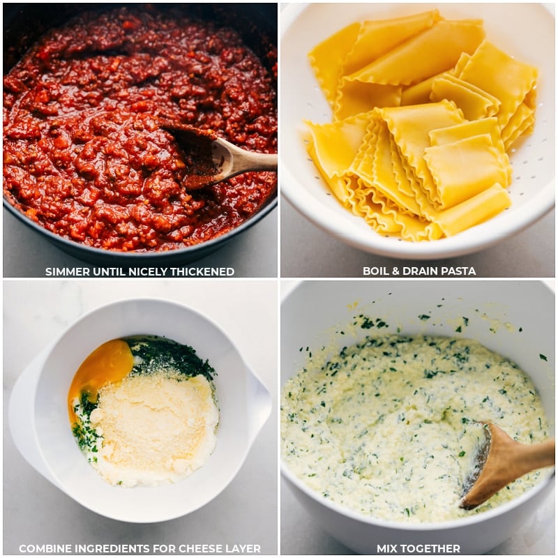 Lasagna preparation: cooking noodles and making cheese sauce Easy Lasagna recipe step: Cooking and draining noodles, then preparing cheese sauce.