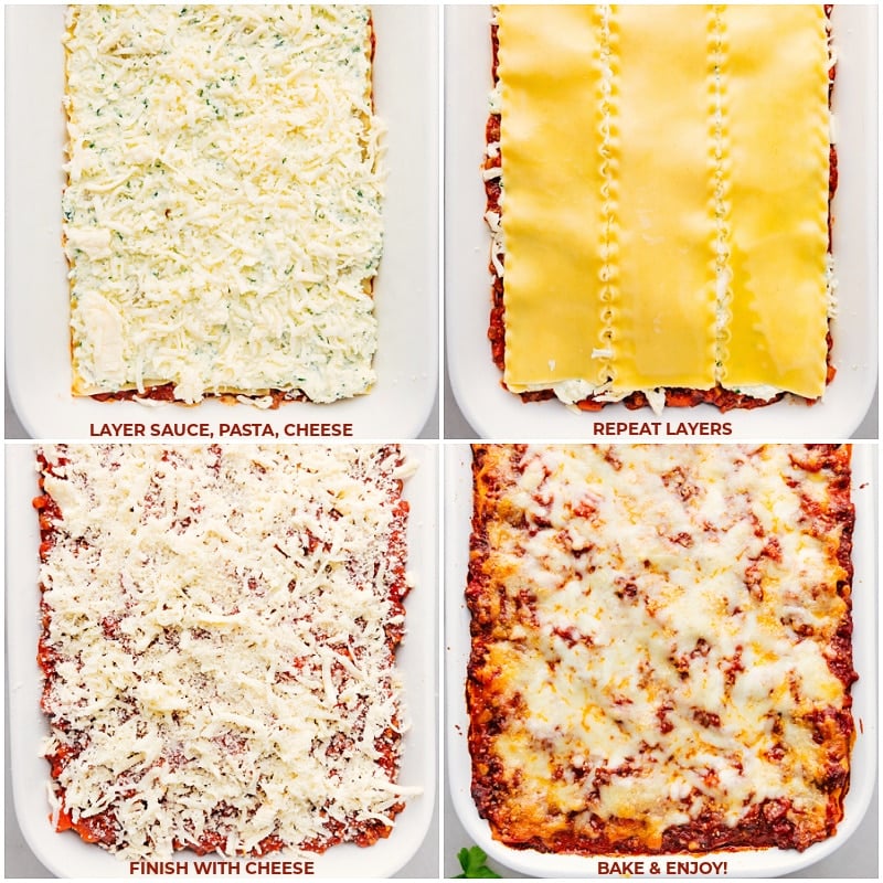 Layering process in a 9x13-inch baking dish Demonstrating how to make Lasagna by layering ingredients in a 9x13 dish.
