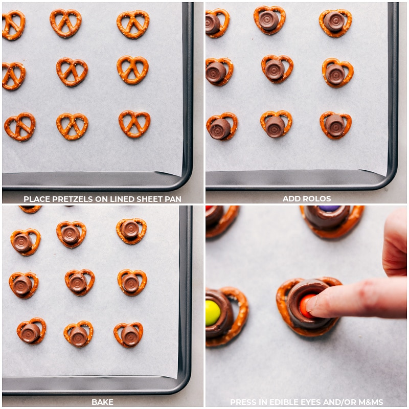 Delicious Monster Eyeballs are where salty pretzels meet melty rich caramel candies and a pop of chocolate crunch from the M&Ms. It's the kind of snack that keeps you coming back for more. Recipe via chelseasmessyapron #dessert #best #quick #easy #simple #treat #monsteer #eyeballs Process shots: pretzels being laid out with Rolos going on top; M&M's being pressed into them after baking