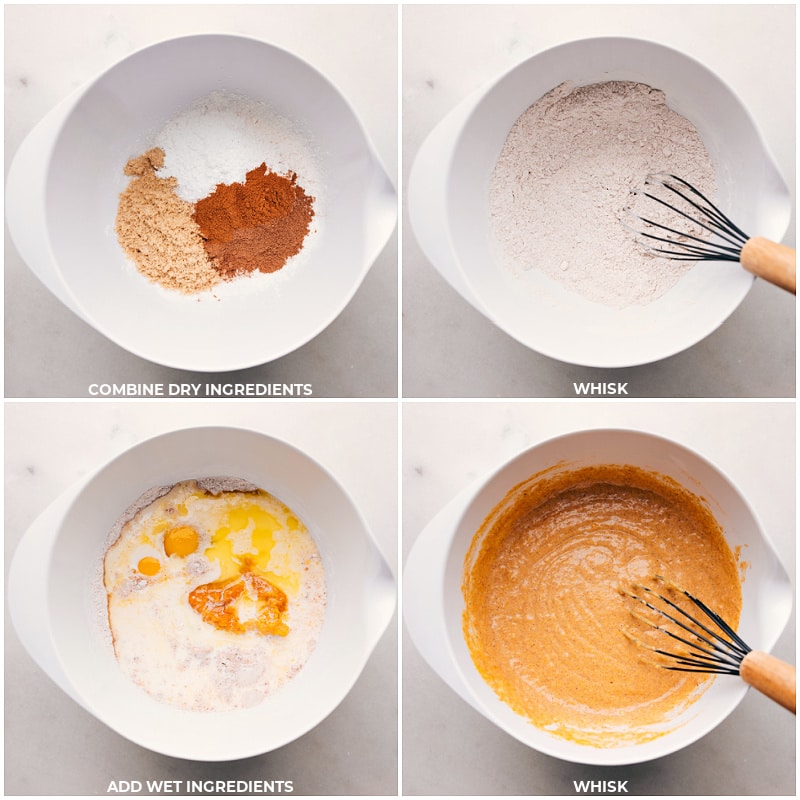 Combining wet and dry ingredients for Pumpkin Pancake batter Whisking together wet and dry ingredients for the pancake batter.