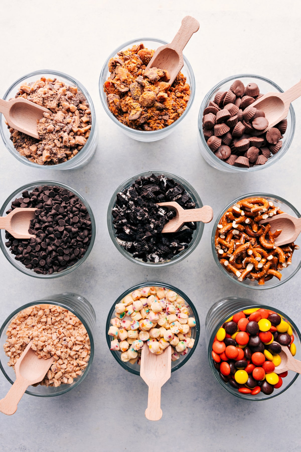 Assortment of mix-ins used in the Popcorn Bar Bowls of various mix-ins for Popcorn Bar.