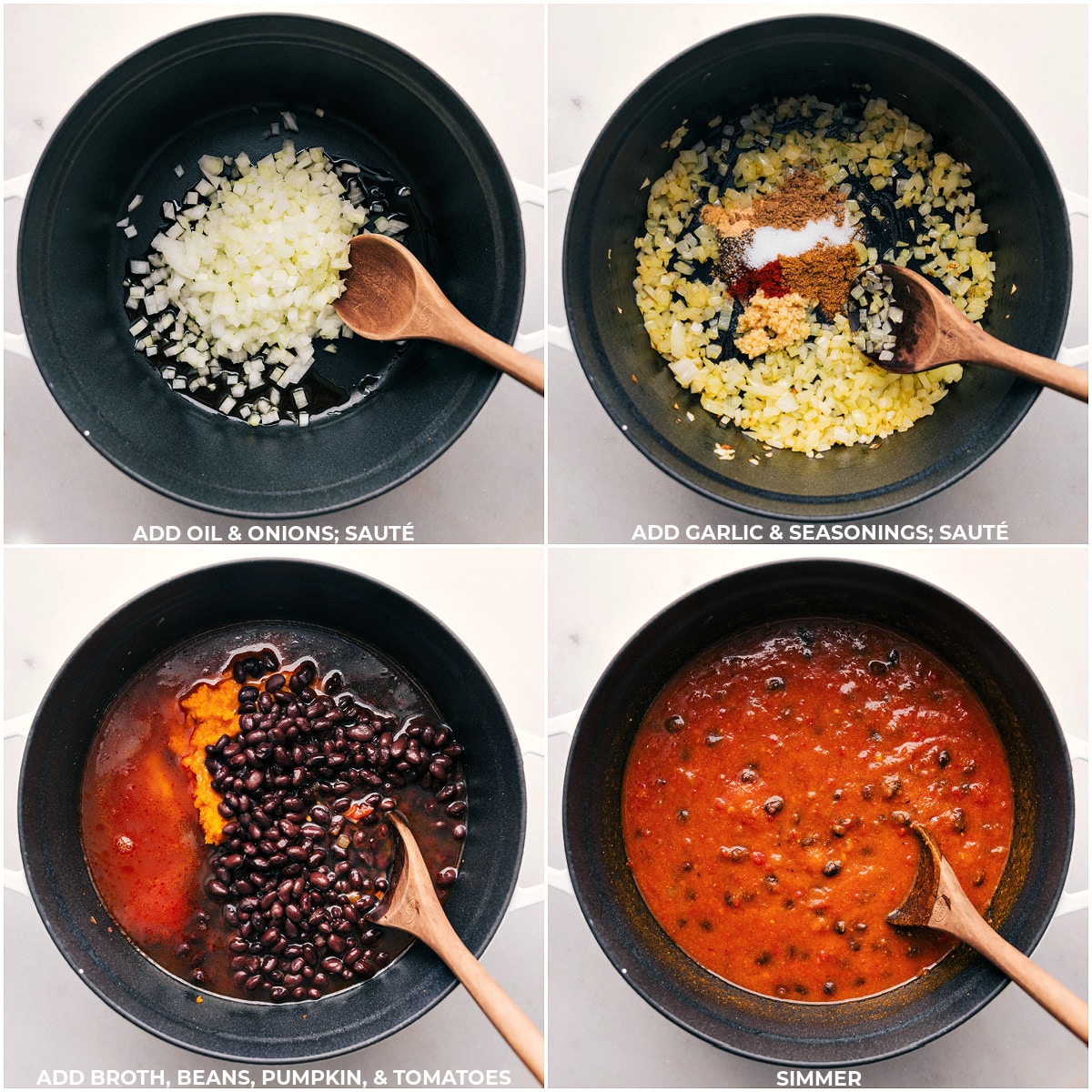 Sequential Steps for Cooking Pumpkin Black Bean Soup Step-by-step images showcasing the sautรฉing of onions, garlic, and seasonings, followed by the addition of broth, beans, pumpkin, and tomatoes, and simmering the mixture.