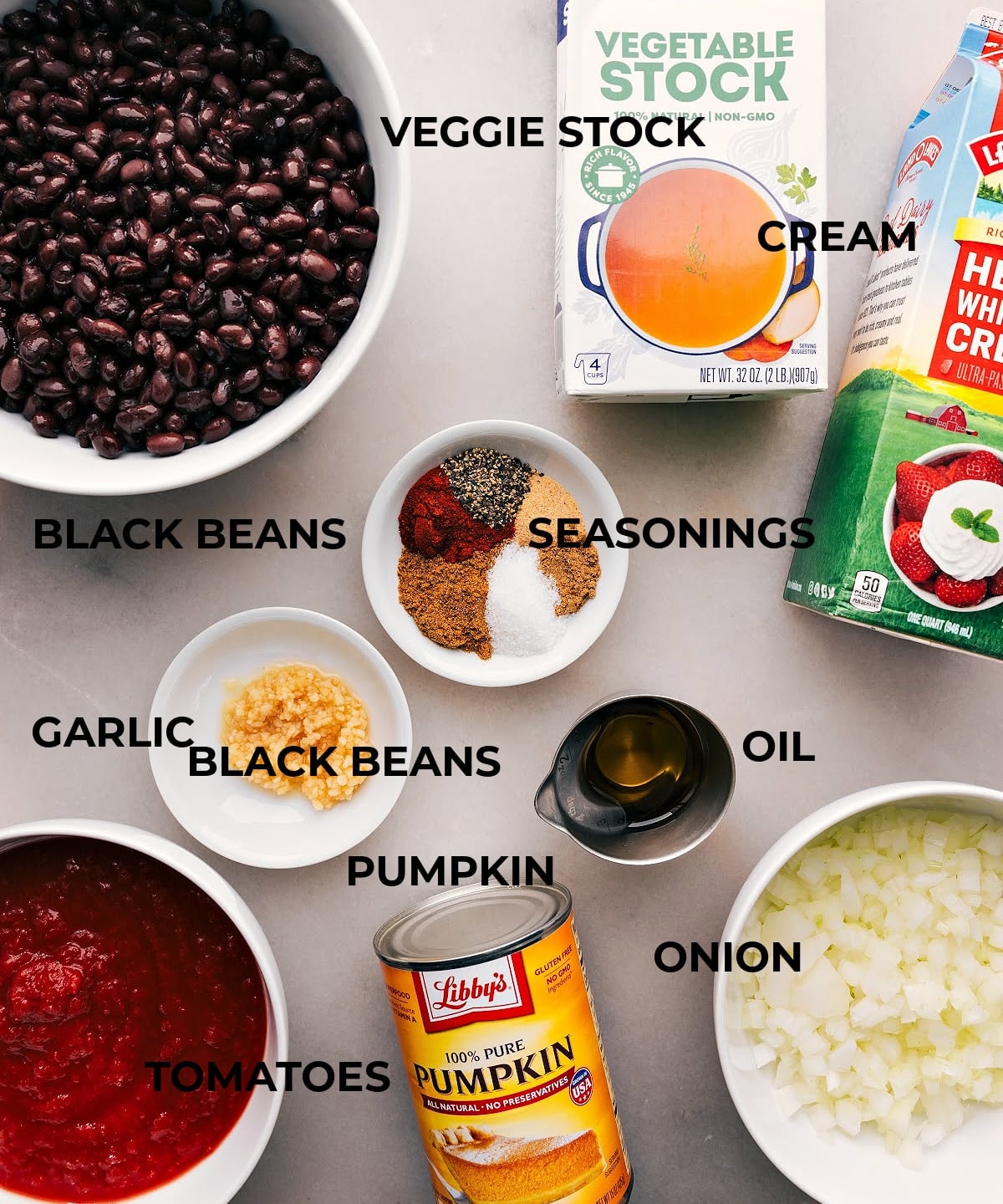 Ingredients Used In This Dish Assorted ingredients for this dish, including pumpkin, black beans, and various spices.