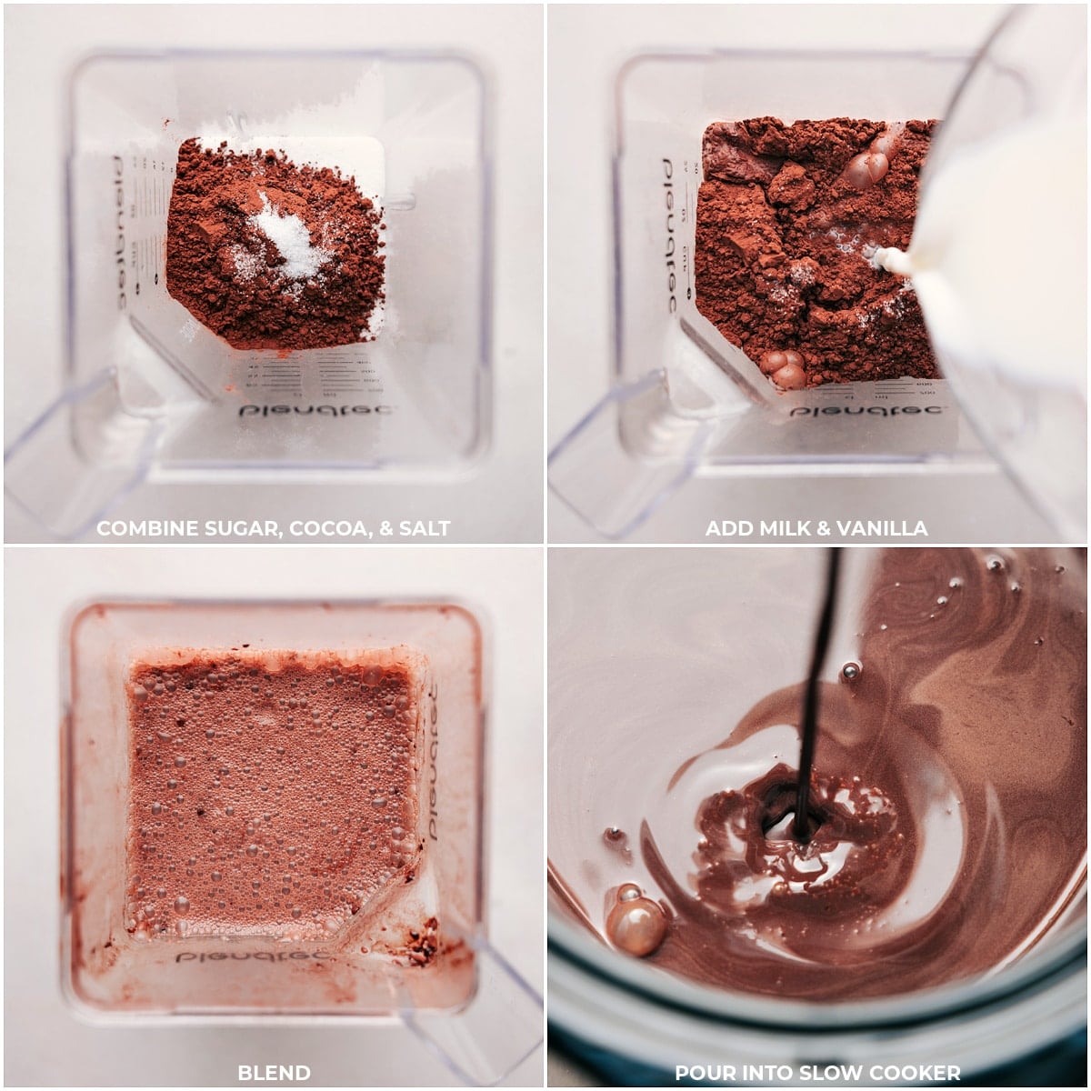 Blending the perfect mixture for Crockpot Hot Chocolate Blender filled with sugar, cocoa, salt, milk, and vanilla, to be added to a slow cooker for the creation of Crockpot Hot Chocolate.