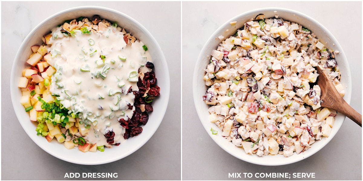 Pouring The Dressing Over The Apple Chicken Salad Dressing being poured over chicken and mixed together.