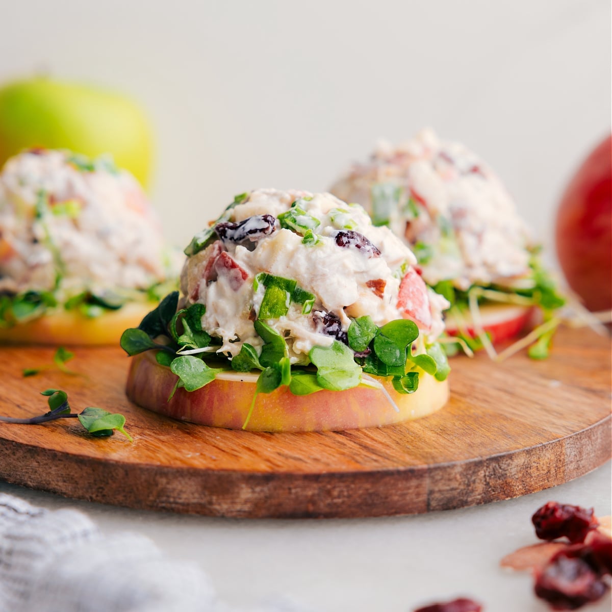 Fresh Chicken Salad with Apples Chicken salad served on an apple.