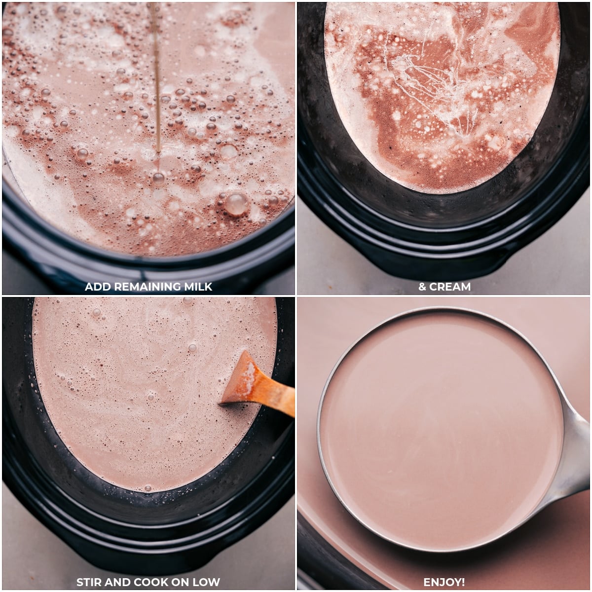 Incorporating the rest of the milk and cream into Crockpot Hot Chocolate Remaining milk and cream being added to the crockpot, followed by stirring and cooking on low heat to complete the hot chocolate.