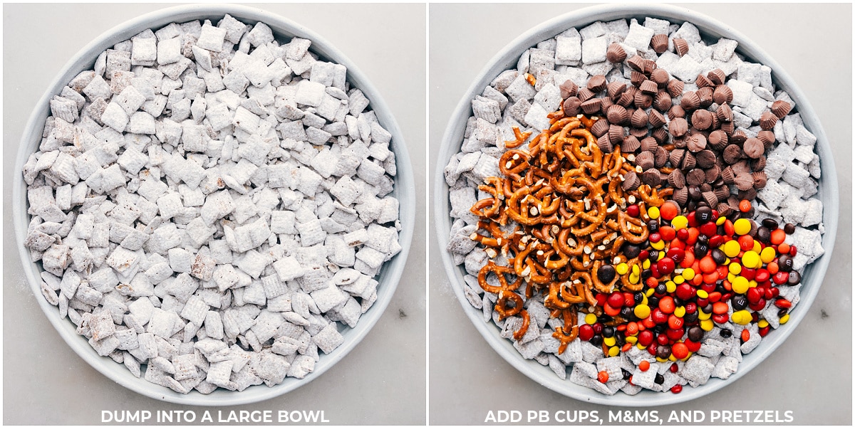 Fall Muddy Buddies Transformation: From Sugary Coated Cereal to a Festive Mix-In-Filled Delight! Well-coated cereal just after shaking with powdered sugar, and the final treat, enhanced with colorful, tasty mix-ins for added texture and flavor.