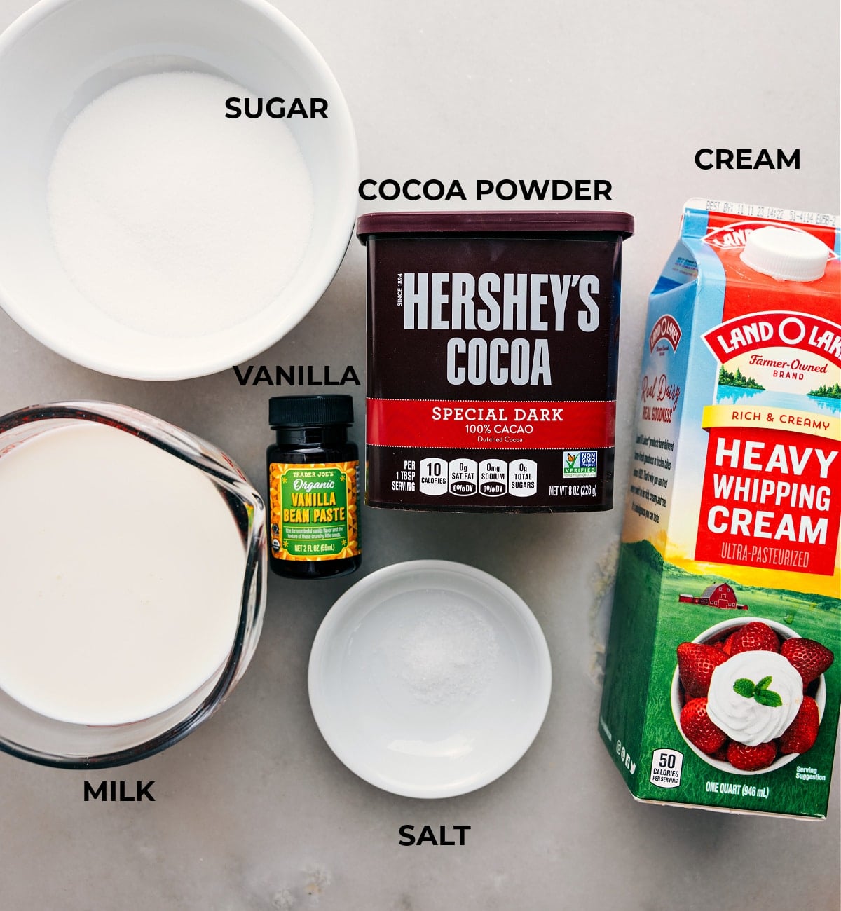 Ingredients laid out for this recipe, featuring cream, cocoa powder, sugar, and other essentials.
