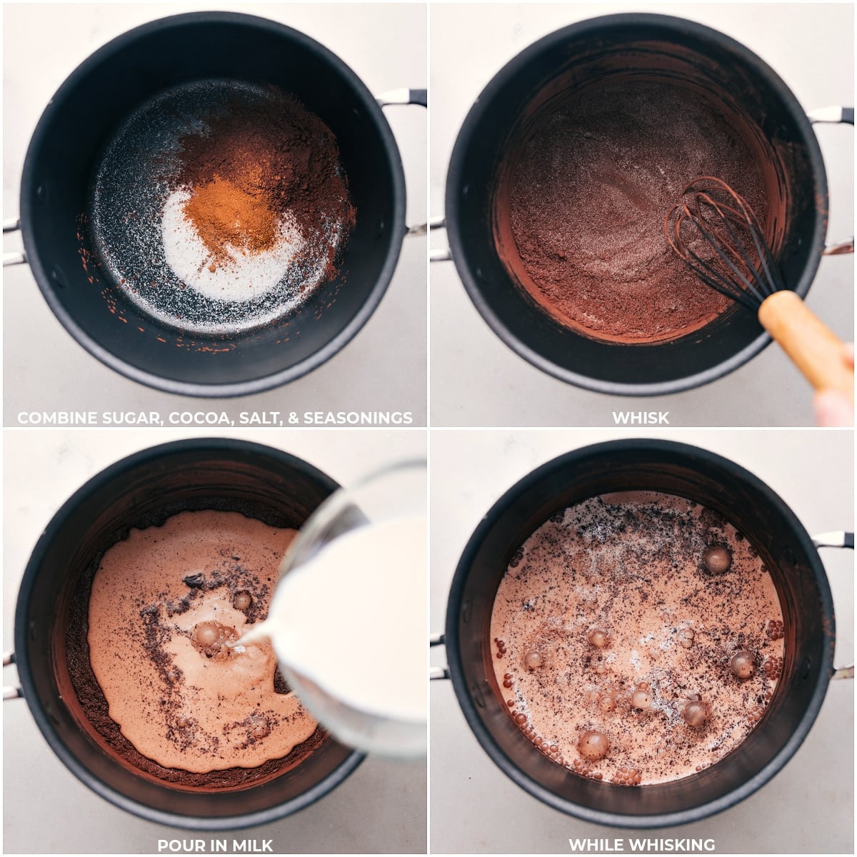 Mixing and heating the ingredients for Mexican Hot Chocolate Sugar, cocoa, and seasonings combined and whisked, with milk introduced for slow heating.