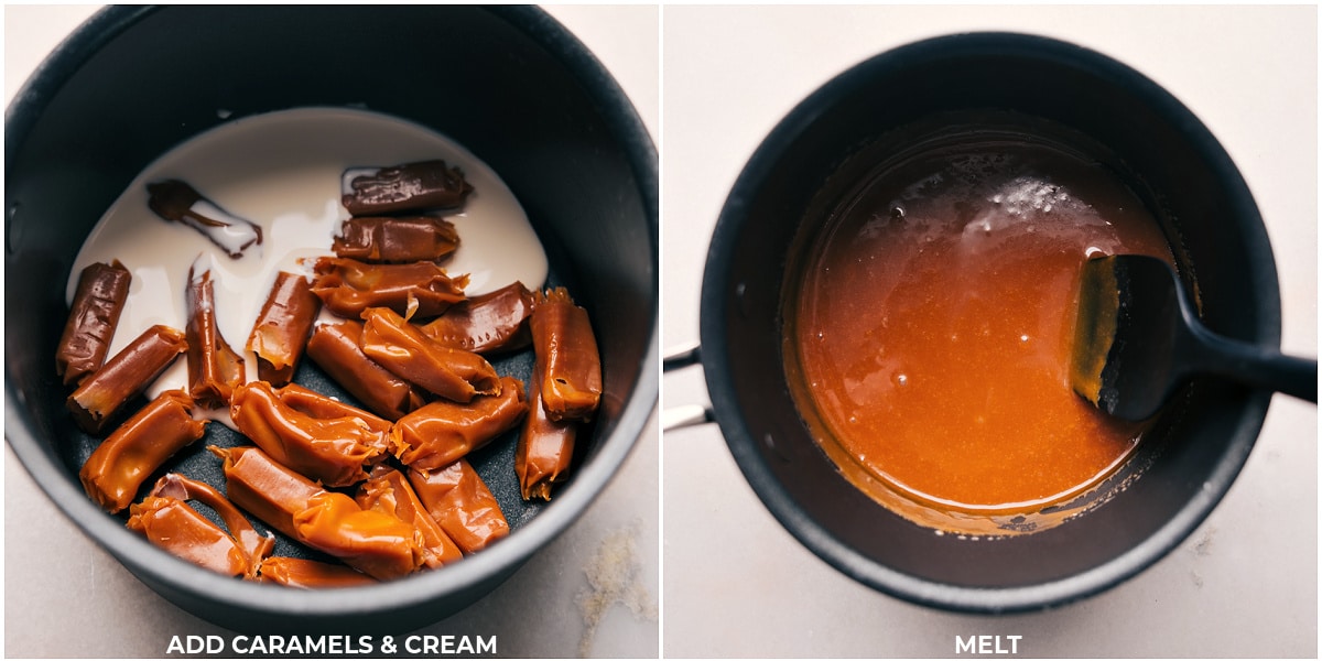 Delicious caramel topping Caramel and cream being melted together for a caramel topping in this Dessert Pie Bar.