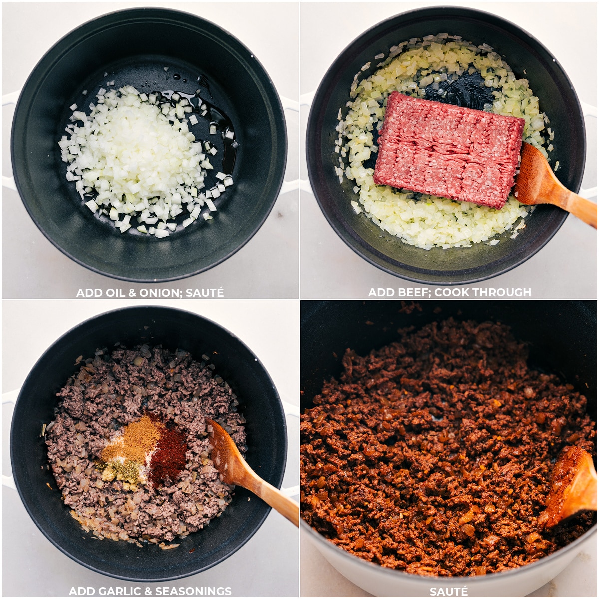 Taco Soup preparation: sautรฉed onions, seasoned beef, garlic, and spices For this recipe, sautรฉ onions, brown beef, add garlic, and season for flavor.