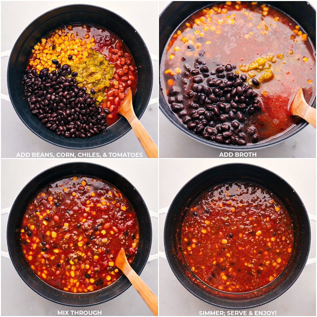 Mixing ingredients for flavorful Taco Soup Adding beans, corn, chiles, and broth, and mixing it all together in a pot.