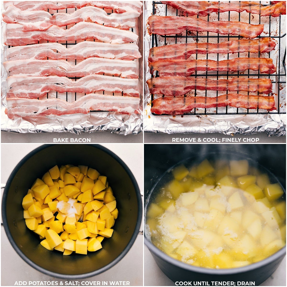 Bacon and potatoes cooking: Essential ingredients for Twice-Baked Potato Casserole Sizzling bacon strips in a hot skillet and potatoes simmering in a pan for Twice-Baked Potato Casserole.