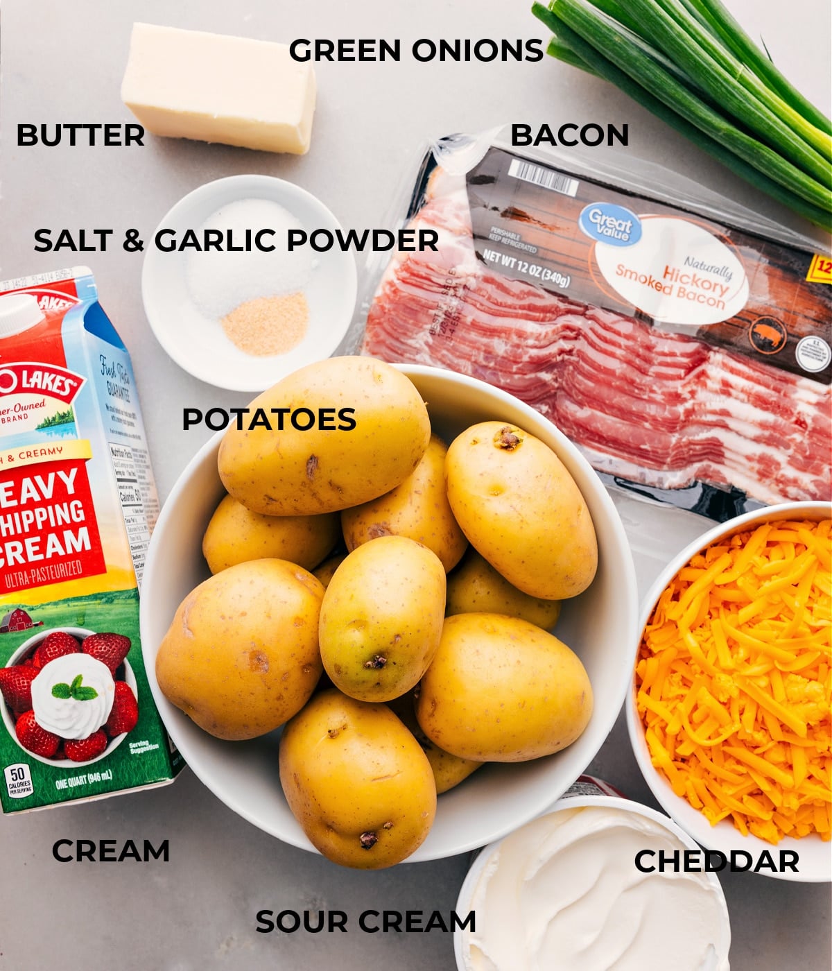 Ingredients for homemade Twice-Baked Potato Casserole A composition of fresh ingredients for this recipe.
