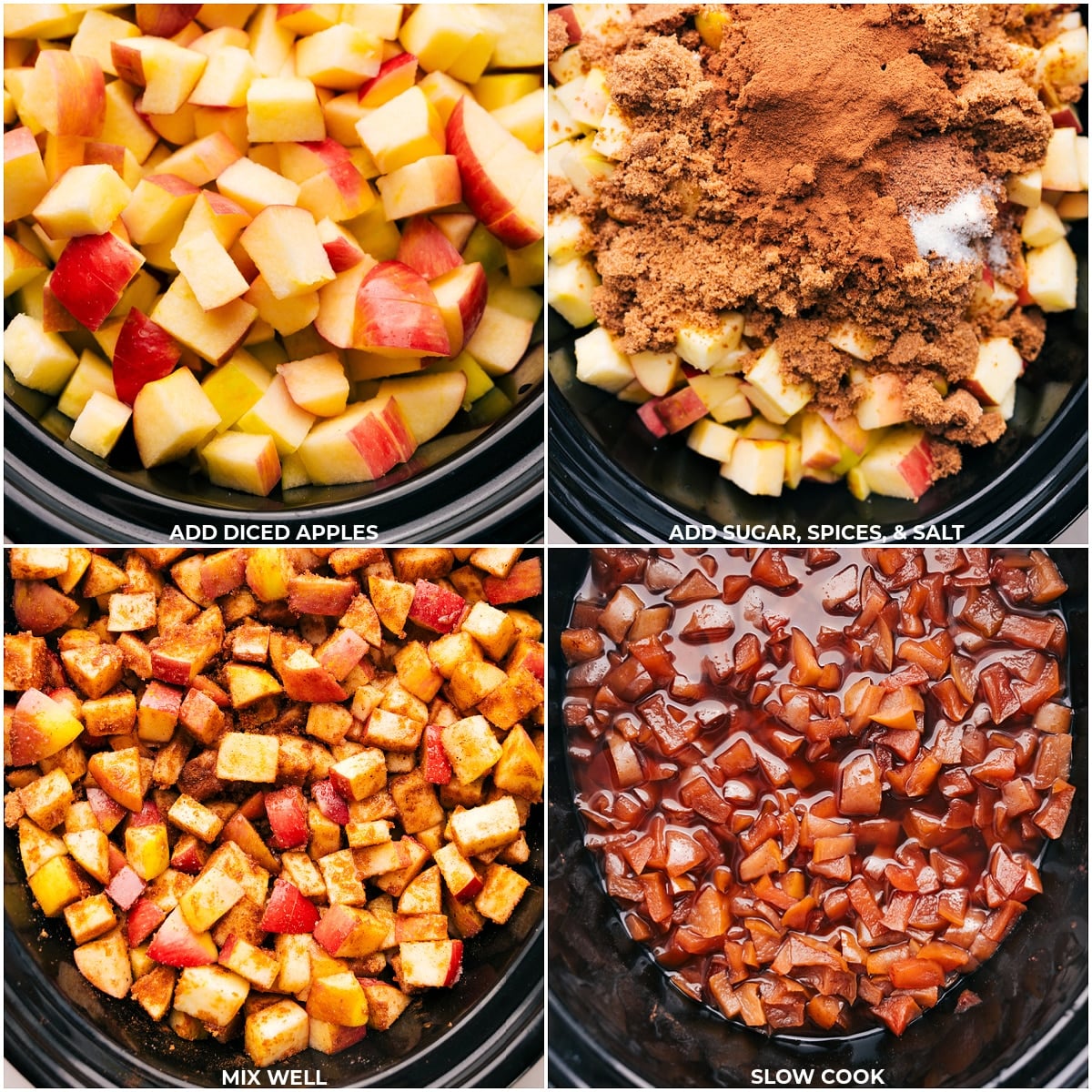 How To Make Crockpot Apple Butter Ingredients including fresh apples, spices, vanilla, and sugar, being added to a slow cooker for simmering.