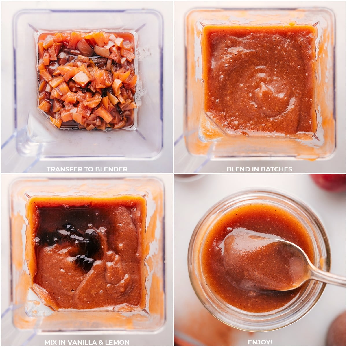 Blending To Get The Perfect Crockpot Apple Butter Consistency Blending batches of cooked apple mixture until smooth, with a final shot of the creamy crockpot apple butter ready to be enjoyed.