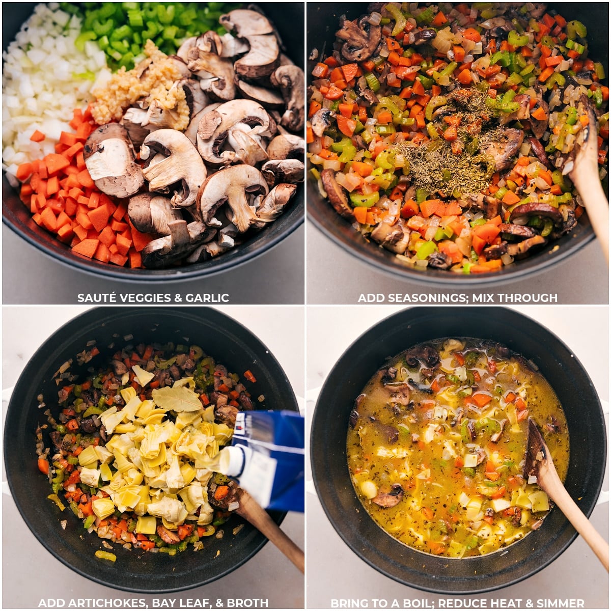 Cooking Process: Sautรฉing Veggies with Garlic, Adding Seasonings and Broth for Simmering Sautรฉed vegetables and garlic in a pan, with seasonings and broth being added, ready for simmering.