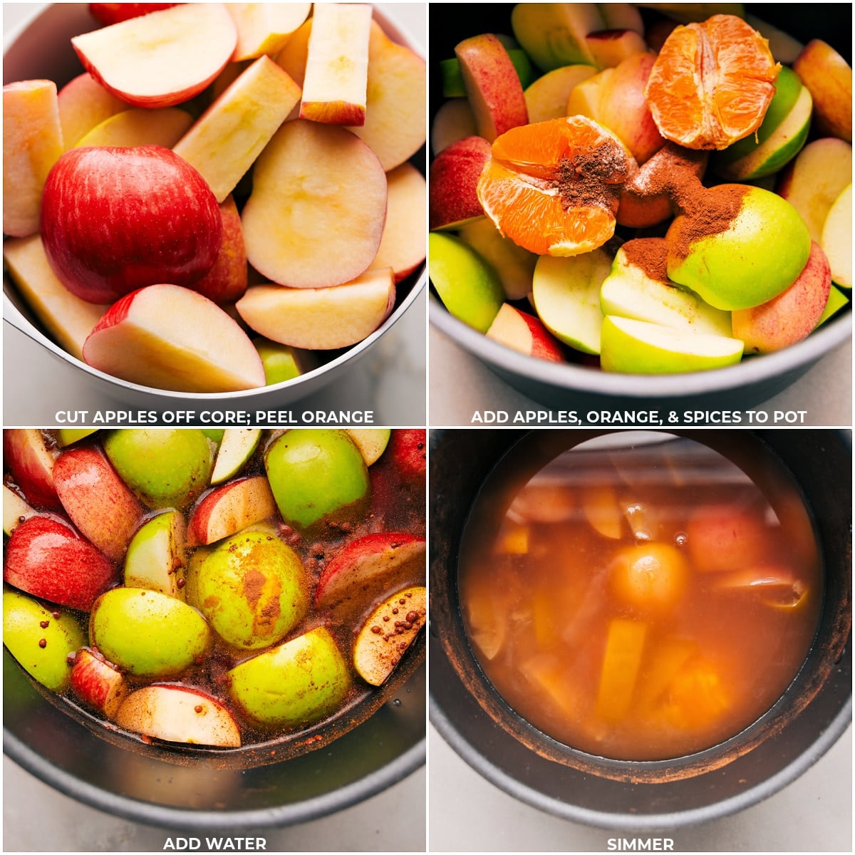 How To Make This Hot Apple Cider Recipe Fresh fruits, aromatic spices, and water being added to a pot for a flavorful infusion.