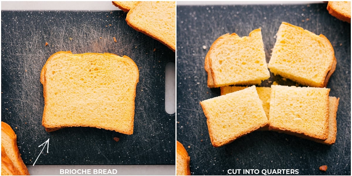 Brioche cut into quarters, prepared for making the dessert.