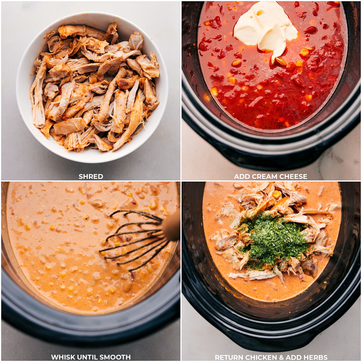 Buffalo Chicken Chili The Perfect Comfort Food Chicken being shredded, cream cheese being added, and it all being mixed together.