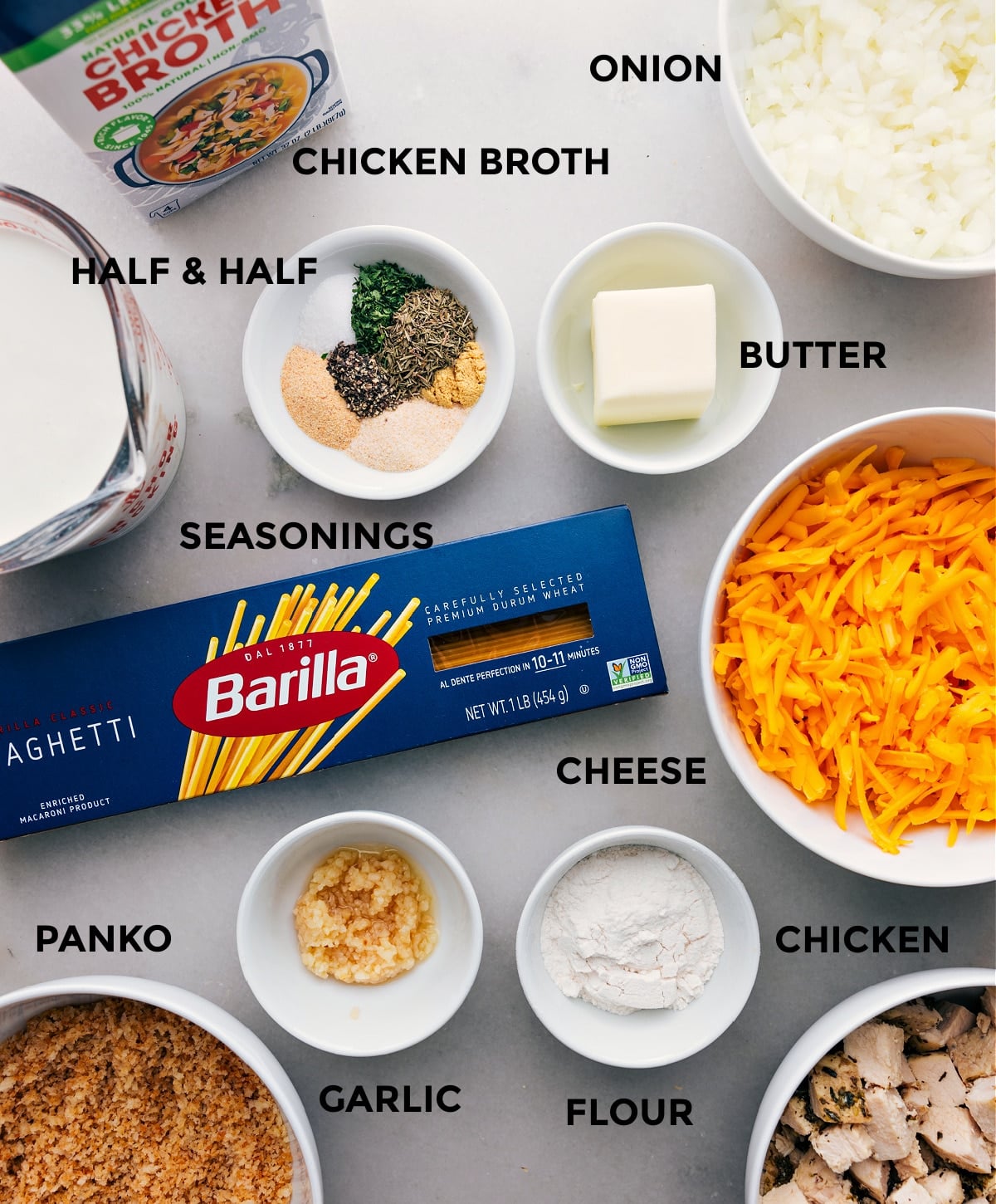 Recipe Ingredients Display - Spaghetti, Meat, Cheese, and More All the ingredients used in the recipe, including spaghetti, meat, cheese, and more.