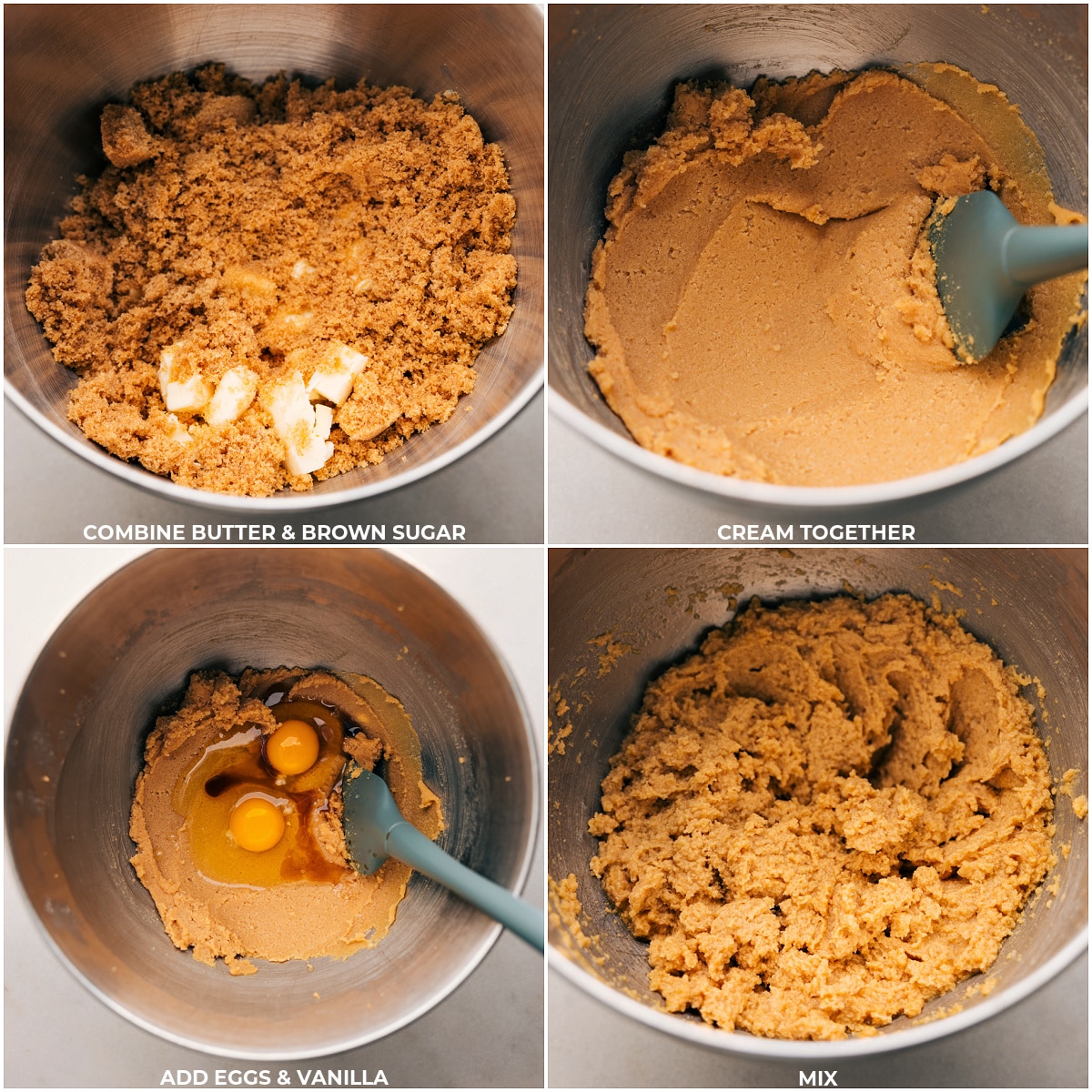 Making Delicious Chocolate Cookies Butter, brown sugar, eggs, and vanilla being creamed together for these chocolate cookies.