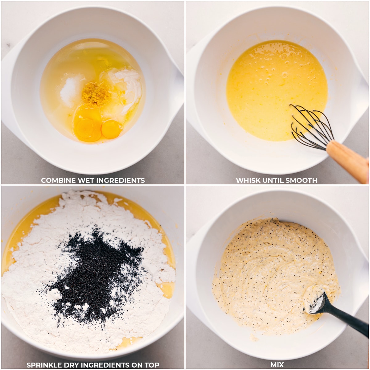 Combining wet ingredients using a whisk, with dry ingredients being poured in. Whisking wet ingredients with dry ingredients being added.