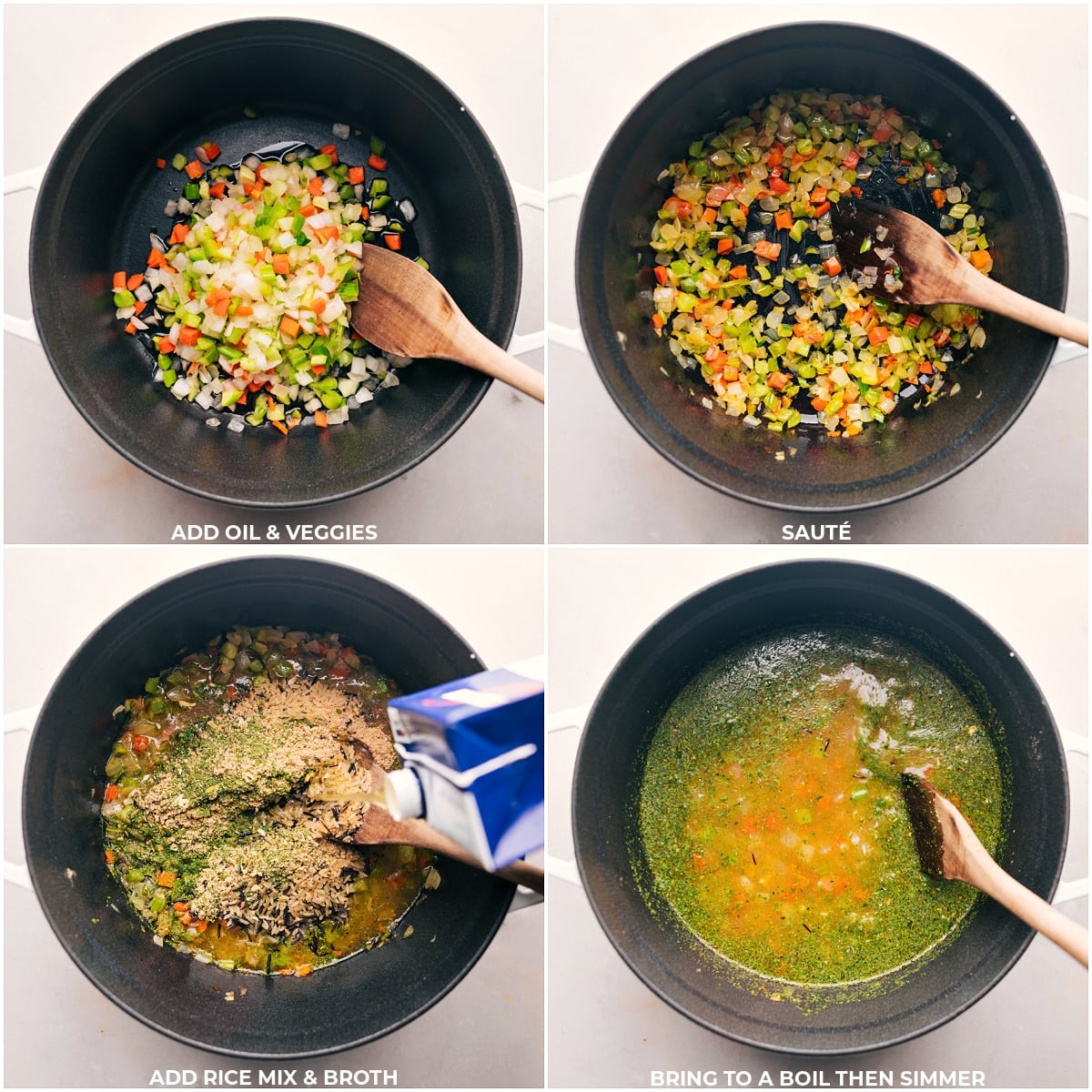 Making Creamy Chicken And Wild Rice Soup Oil, veggies, rice mix, and broth all being mixed together and then simmered for this Creamy Chicken and Wild Rice Soup.