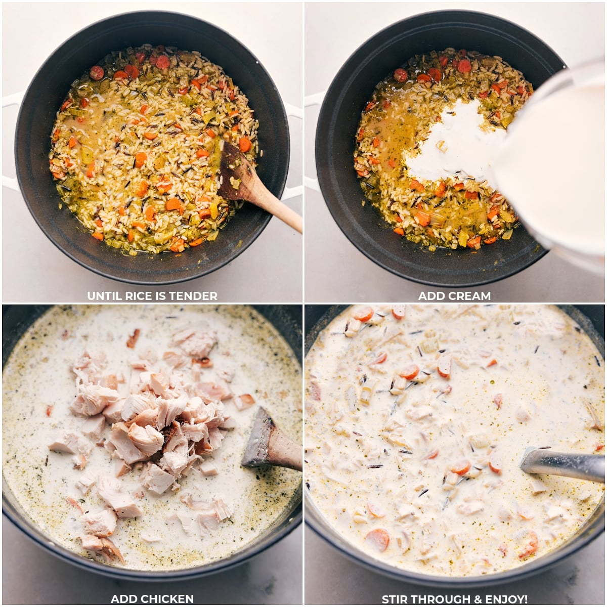 Simple Steps Of Making Creamy Chicken And Wild Rice Soup Cream and chicken being added to the pot for this dish.