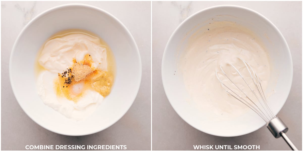 Whisking Dressing Ingredients to Achieve a Creamy and Smooth Texture Combining dressing ingredients in a bowl and whisking until the mixture is creamy and smooth.