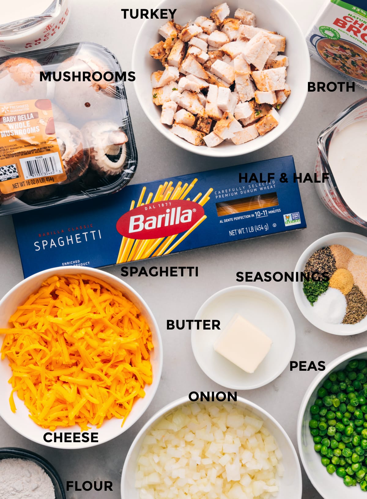 Ingredients for Turkey Tetrazzini Recipe - Including Cheese, Onion, Peas, Butter, and Noodles A collection of all the ingredients used in the recipe, including cheese, onion, peas, butter, noodles, and more.