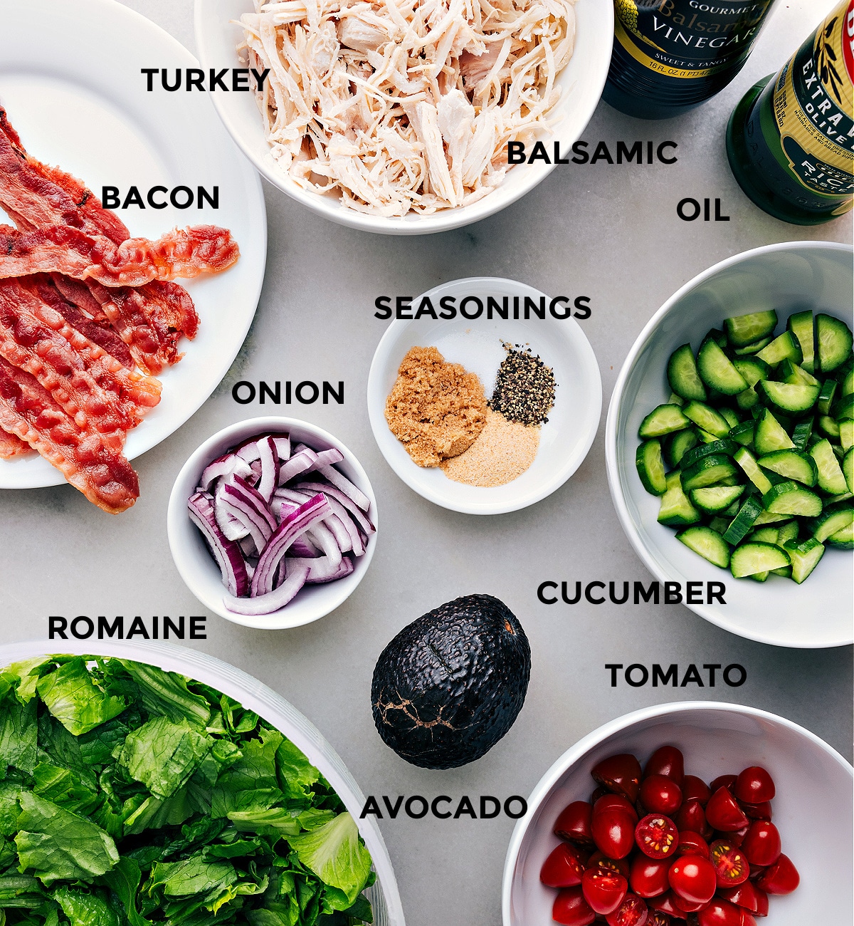 Ingredients In Turkey Bacon Avocado Salad Ingredients used in this recipe all spread out ready to be assembled.