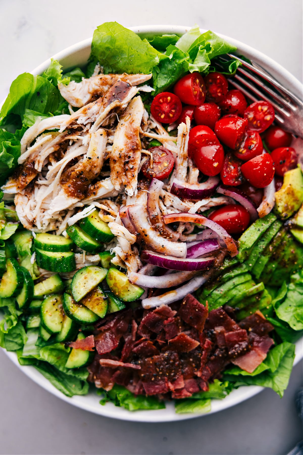 The Best Turkey Bacon Avocado Salad Big bowl of Turkey Bacon Avocado ready to be served and enjoyed.
