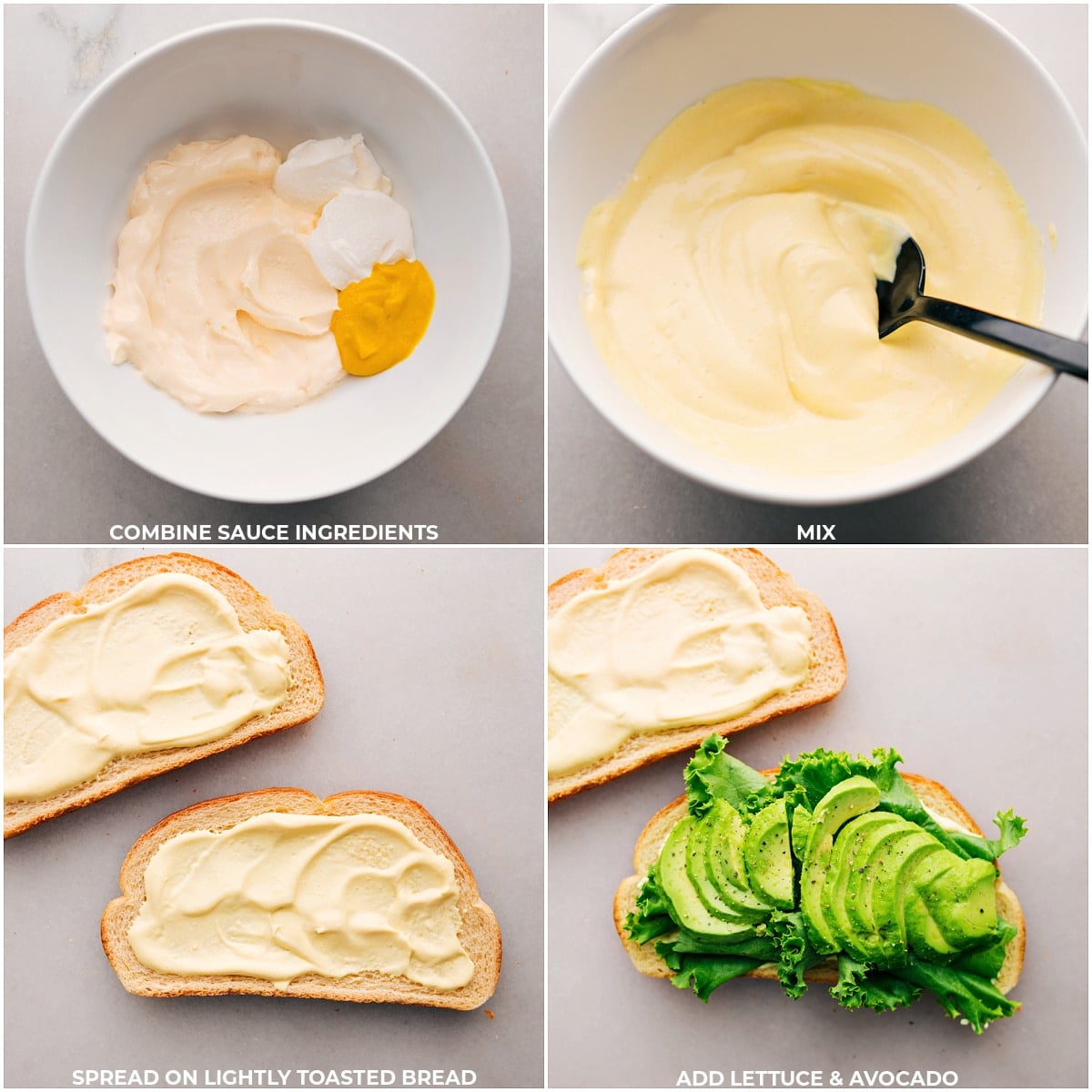 Preparing Sandwich: Mixing Sauce and Adding Lettuce and Avocado Mixing all sauce ingredients in a bowl, then spreading them onto a bread slice and adding lettuce and avocado.