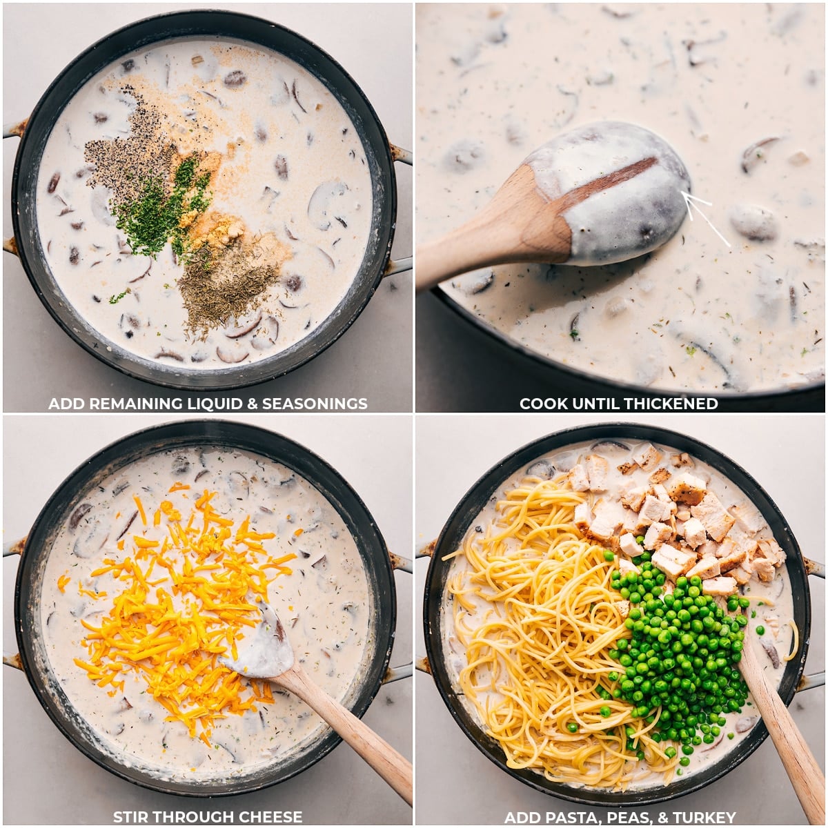 Mixing Remaining Seasonings and Ingredients into Turkey Tetrazzini Incorporating the remaining seasonings and other ingredients into the Turkey Tetrazzini until well mixed.