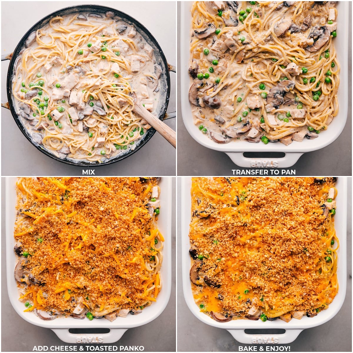 Preparing Turkey Tetrazzini: Ingredients in Pan with Cheese and Toasted Panko on Top, Ready to Bake Transferring the fully mixed ingredients to a pan and adding cheese and toasted panko on top before baking.
