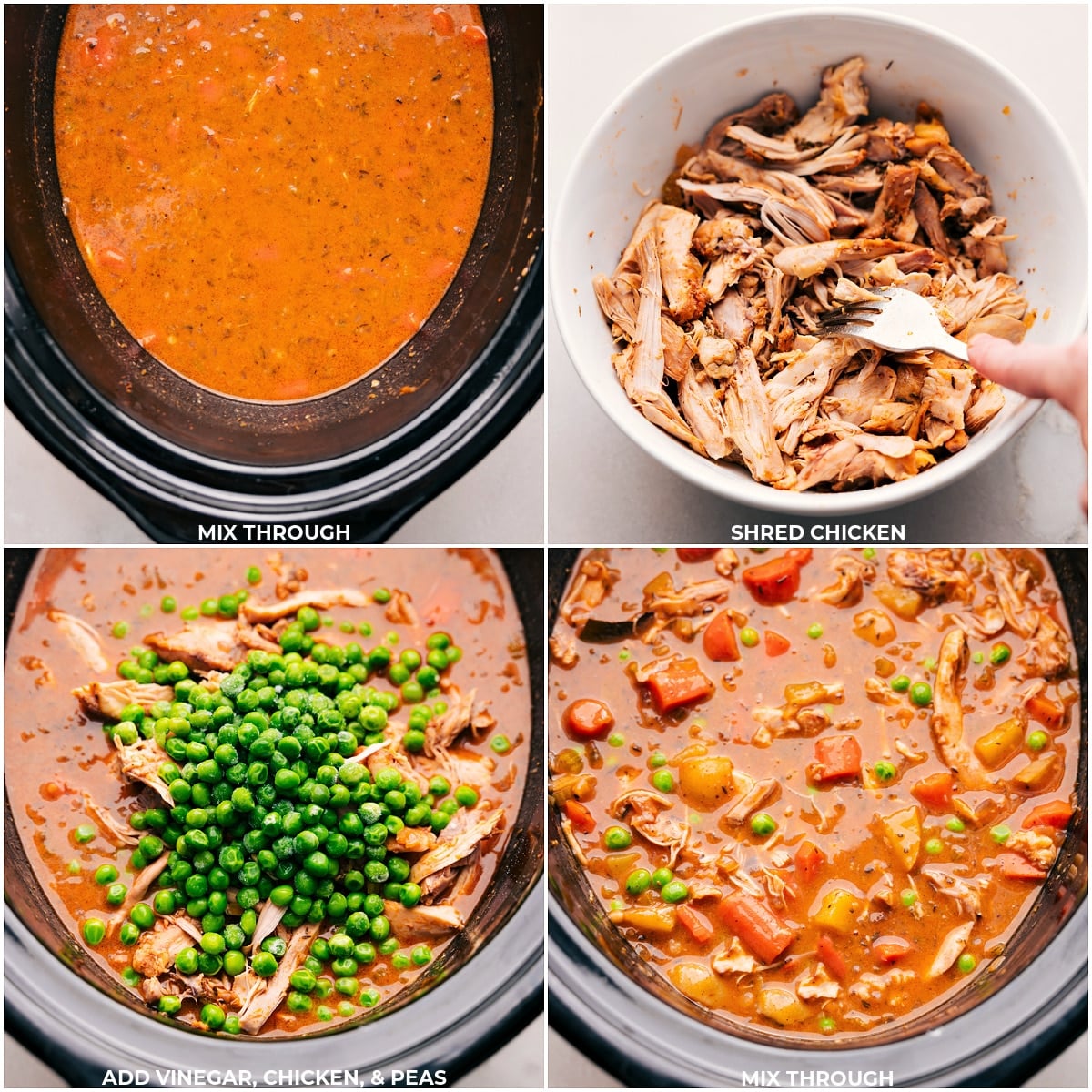 Delicious Slow Cooker Chicken Stew Chicken being removed from the cooked stew and shredded then added back with the vinegar and peas.