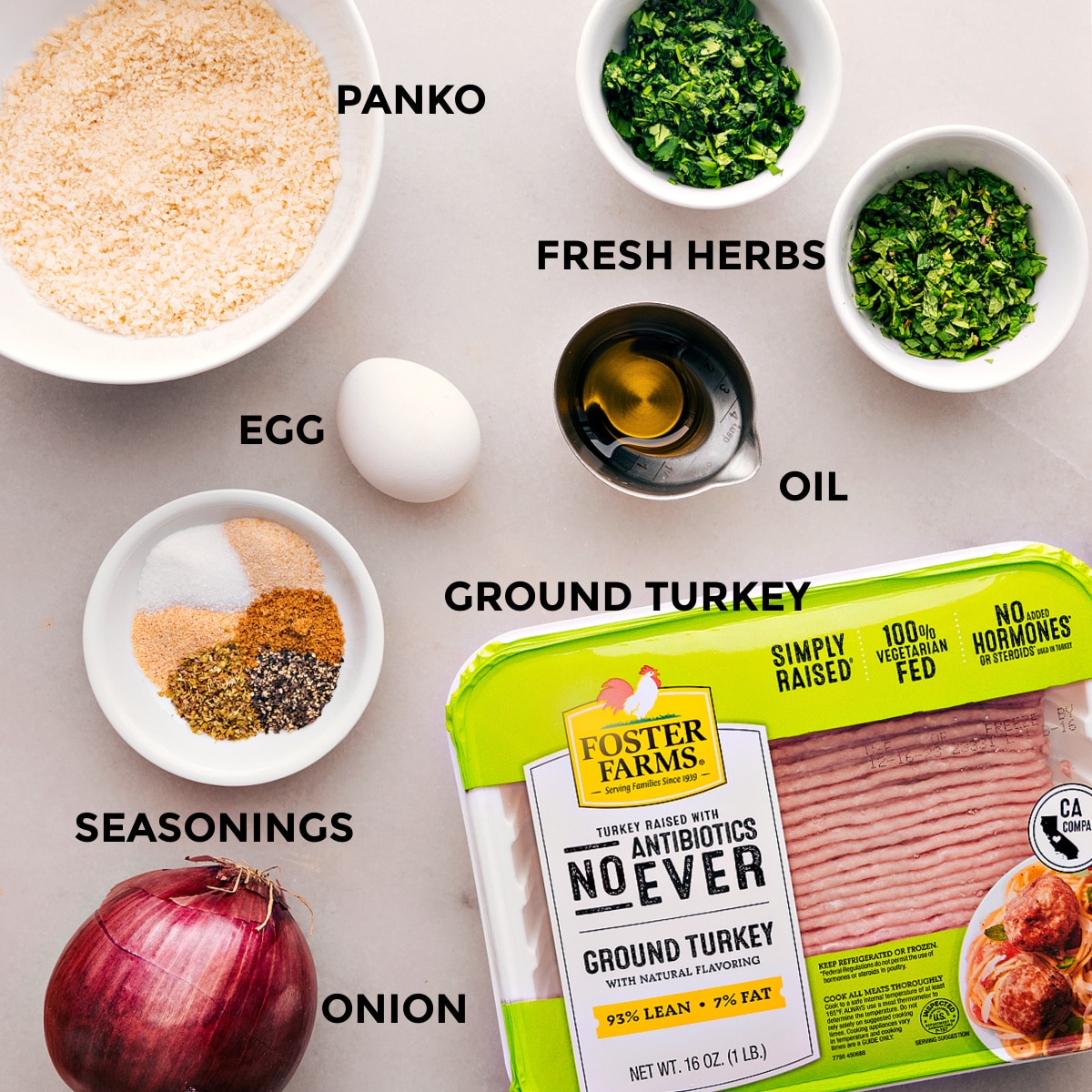 Ingredients In Greek Turkey Meatballs All the ingredients for this dish prepped out ready to prepare.