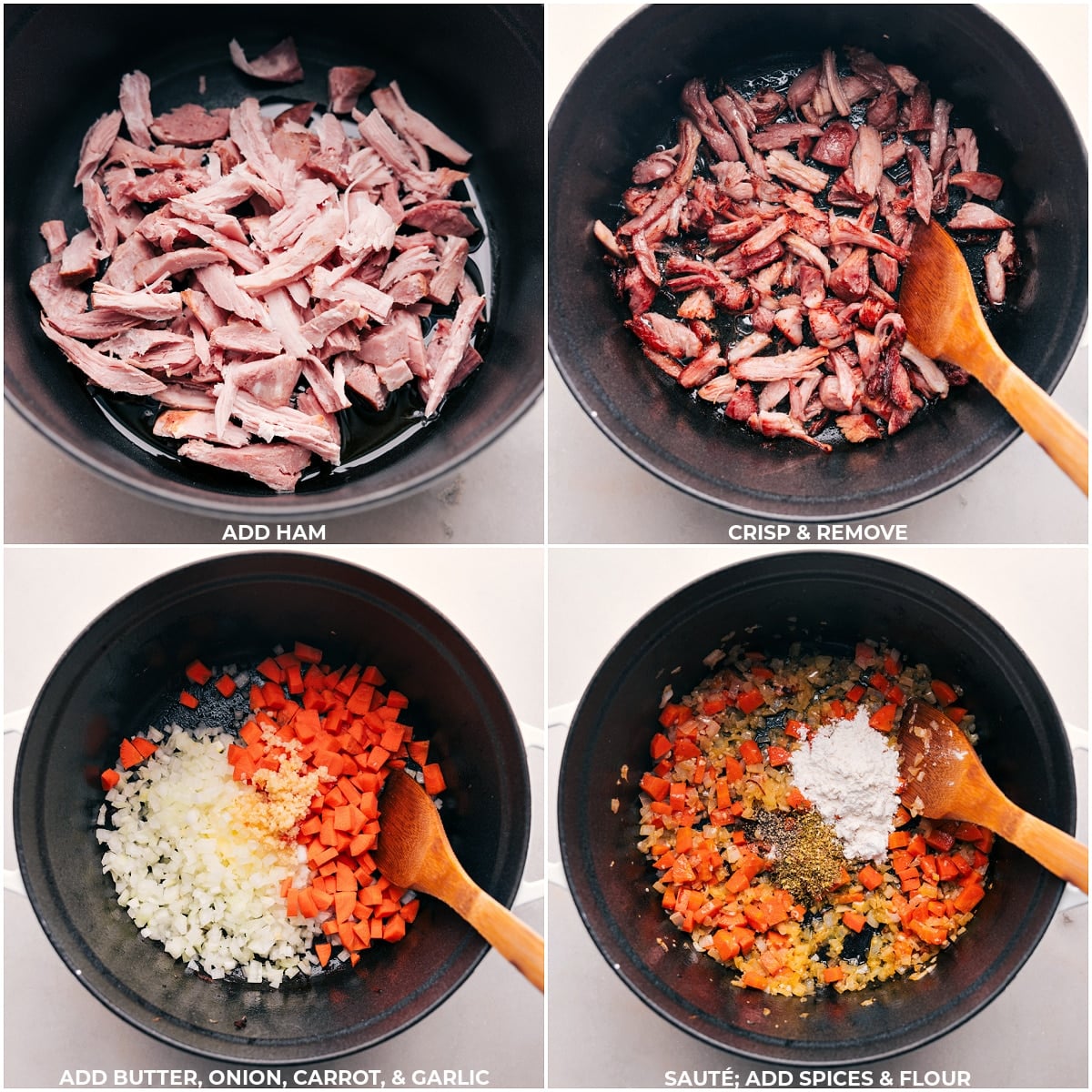 Process Of Making Ham And Bean Soup Ham being crisped and then the veggies being sauteed; then spices and flour being added to the pot for this Ham and Bean Soup.