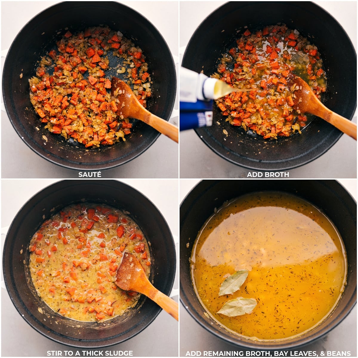 Cooking Ham And Bean Soup Broth being added to the pot along with bay leaves and beans.