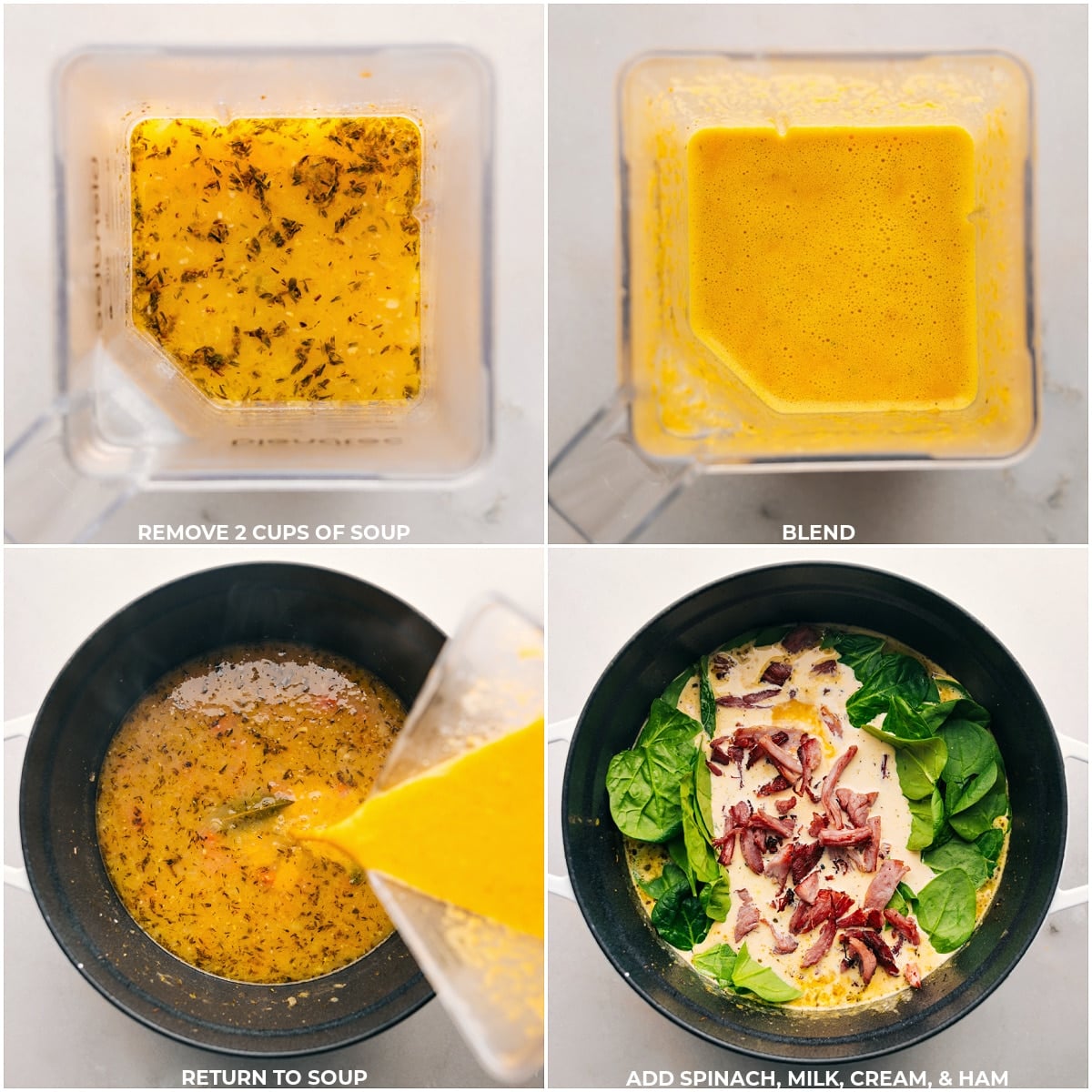 The Best Ham And Bean Soup Part of Ham and Bean Soup being blend together, then spinach, milk, cream, and ham being added to the pot.